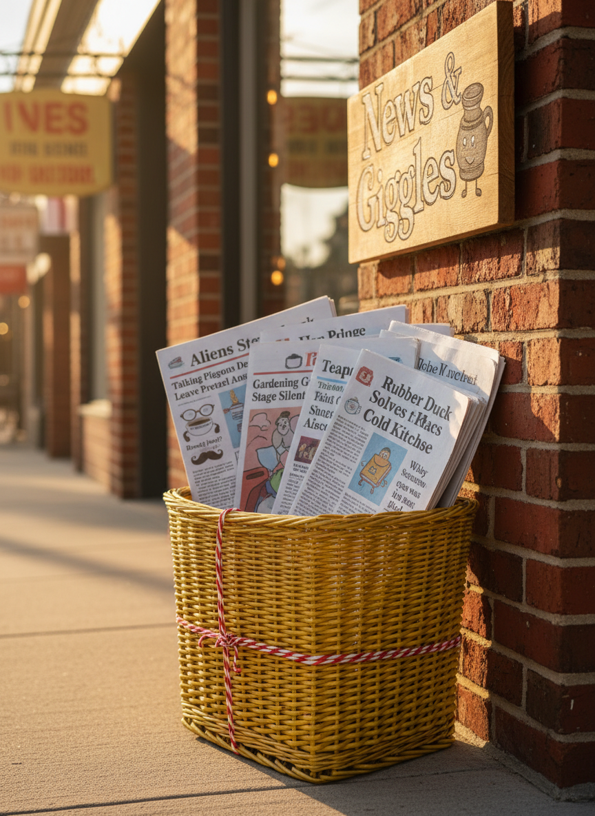 A neatly bundled stack of weekly newspapers tied with red-and-white striped twine rests inside a bright yellow vintage bicycle basket leaning against a brick storefront labeled with a hand-painted “News & Giggles” sign. Each visible front page shows different quirky headlines and small, humorous doodles of everyday objects cracking jokes in speech bubbles. Late-afternoon golden hour sunlight washes the scene in a soft, warm glow, highlighting the textures of the newsprint, chipped paint, and weathered metal basket. Shot from a slightly elevated angle in photographic realism, the background recedes into a bokeh of colorful main street shop signs. The mood is cheerful, whimsical, and full of anticipation, as if every paper holds a fresh batch of local laughs and little surprises waiting to be discovered.